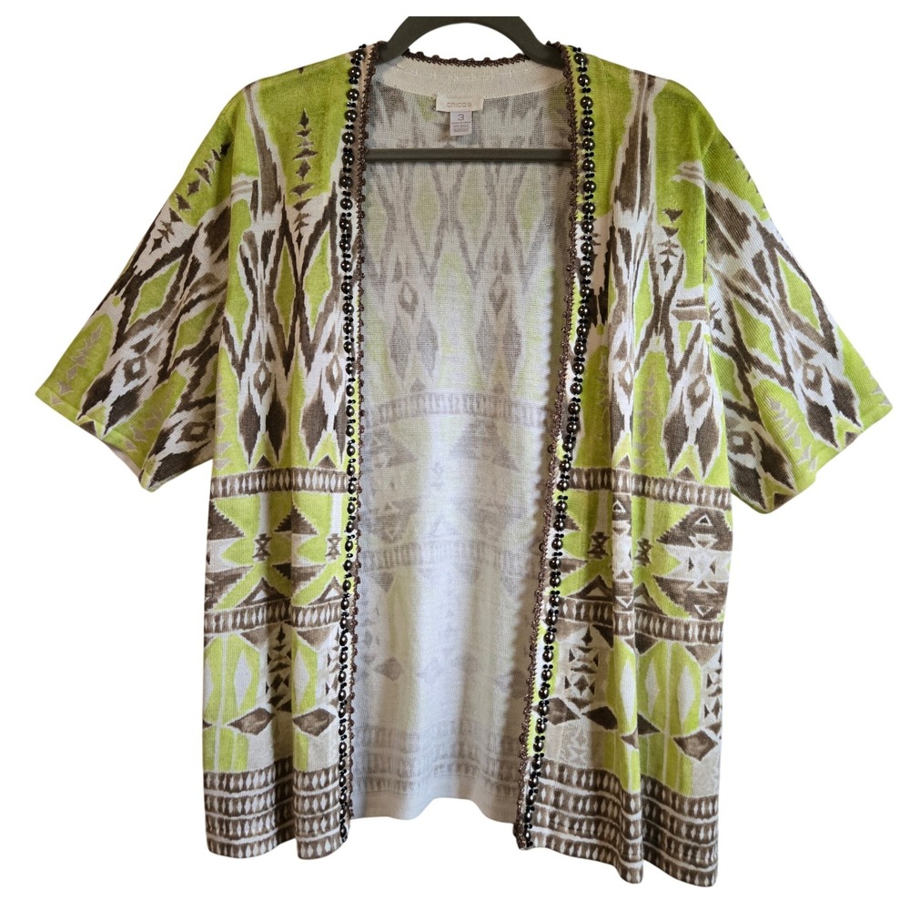 Chicos Chic Lime Green‎ Brown Ikat Beaded Open Front Cardigan Sweater Size 3/XL